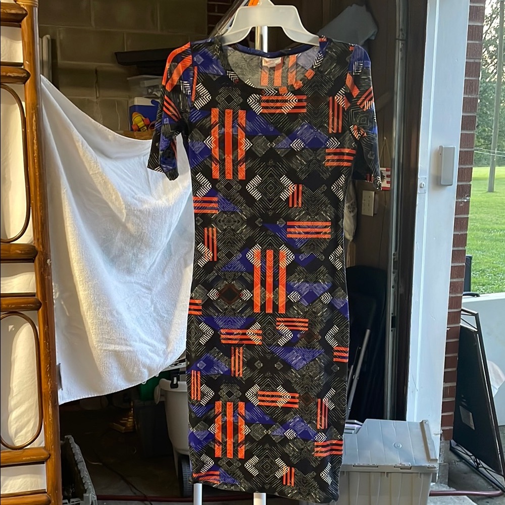 LuLaRoe Vibrant Patterned Midi Dress - Black, Orange, Purple